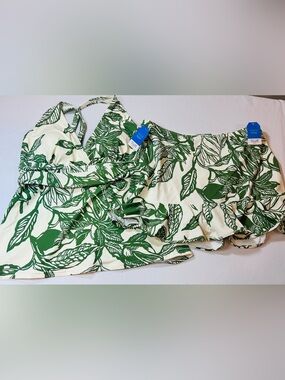 Land’s End Tankini Set Two Piece NWT Cream W/Green Tropical Print Size M (10-12)